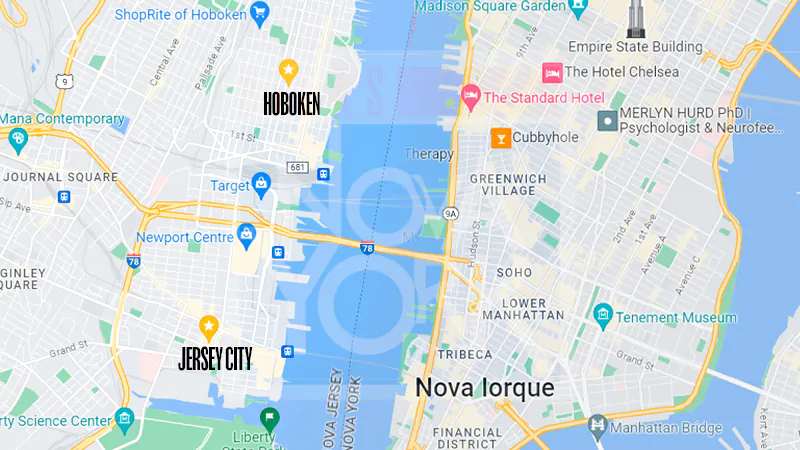 Mapa New Jersey, mostrando onde fica Jersey City, Hoboken e até Manhattan. 